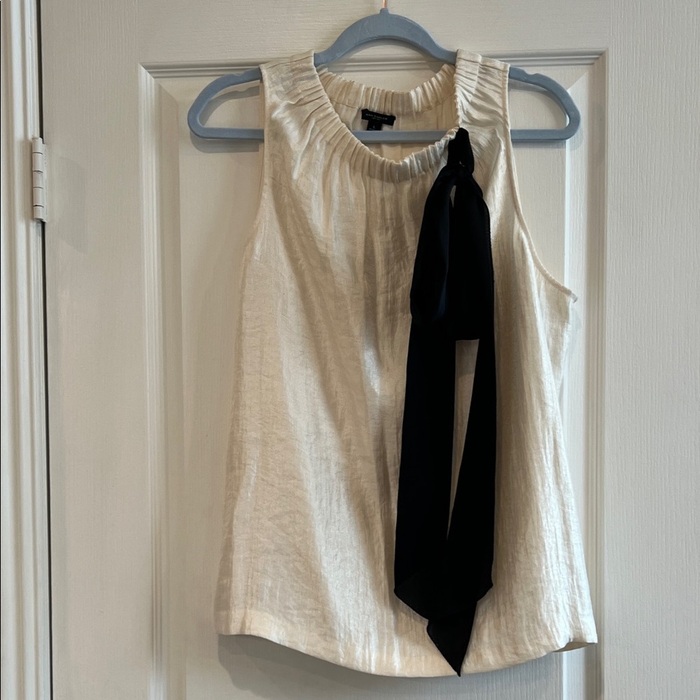 Ann Taylor Cream Blouse with Black Tie Detail